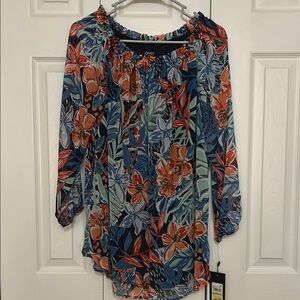 Jones New York Blue and Orange Smocked Blouse 3/4 Sleeve